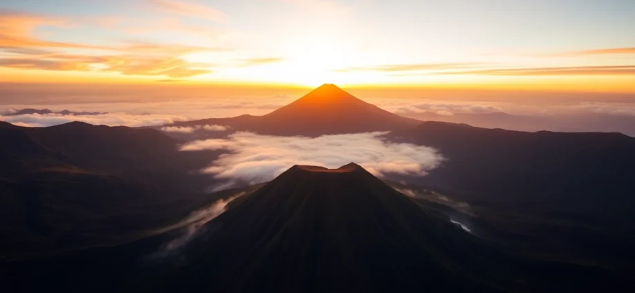 Majestic Mt. Rinjani erupting with lush vegetation and a glowing sunrise, perfect for adventure seekers.