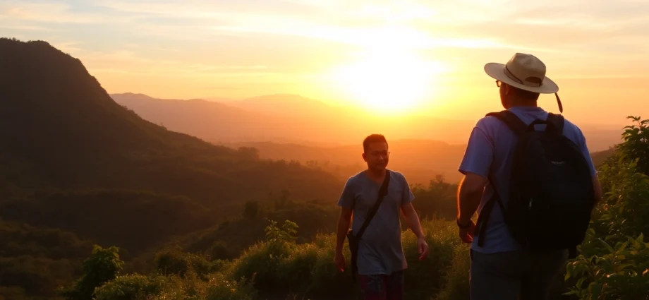 A guide leading tourists through scenic Indonesian forests, highlighting natural beauty and cultural charm of Lombok.