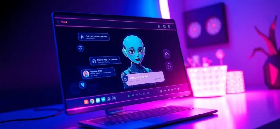 Futuristic AI adult chat interface with an animated character on a digital screen, glowing neon colors, and holographic elements.