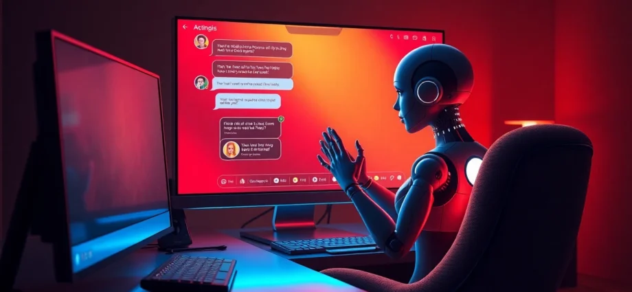 Futuristic digital scene of a human interacting with an AI character on a computer screen in a cozy, neon-lit room.