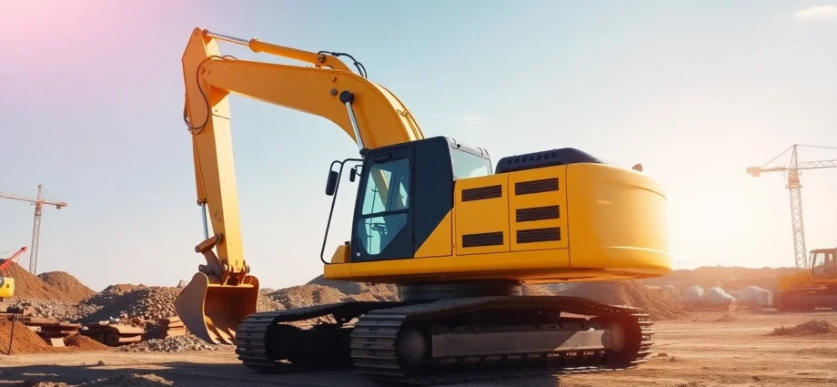 Professional excavator rental service with a heavy-duty machine operating on a construction site, highlighting equipment ease and reliability for projects.