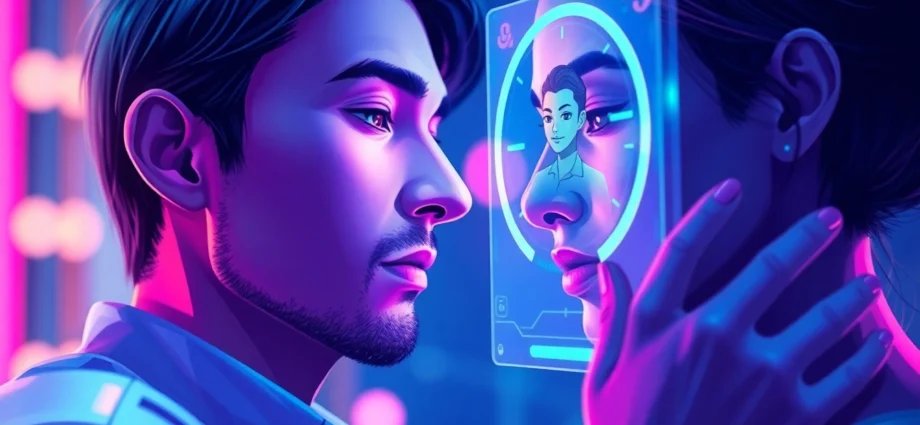 A futuristic scene showing a user interacting with an AI character through a holographic interface, with glowing digital elements and a sensual, high-tech atmosphere.