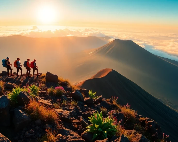 Hikers overlooking Mount Rinjani's crater rim at sunrise in Lombok, Indonesia, with lush mountains and volcanic landscape.