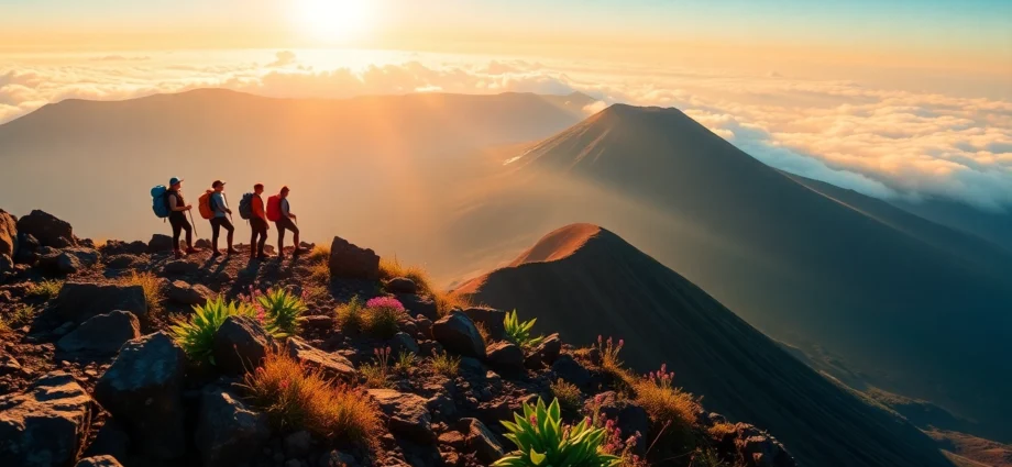 Hikers overlooking Mount Rinjani's crater rim at sunrise in Lombok, Indonesia, with lush mountains and volcanic landscape.
