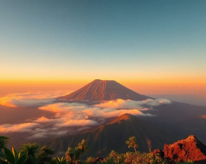 Sunrise over Mount Rinjani with lush greenery and volcanic crater rim