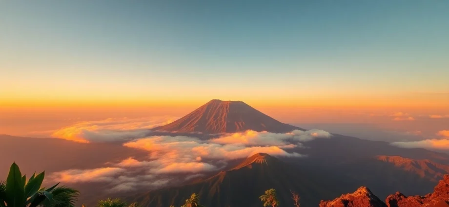 Sunrise over Mount Rinjani with lush greenery and volcanic crater rim
