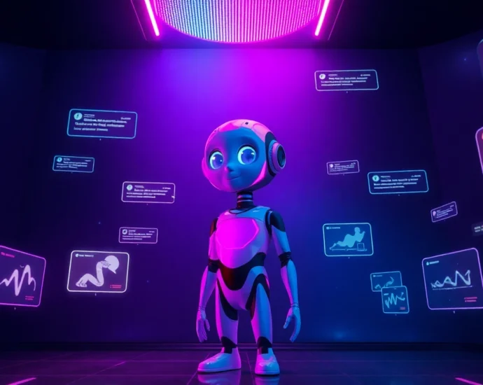Futuristic AI girlfriend engaging with a user in a digital, neon-lit environment with holographic visuals and expressive body language.