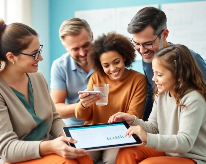 Private health insurance cost: family compares plans on a tablet in a clinic