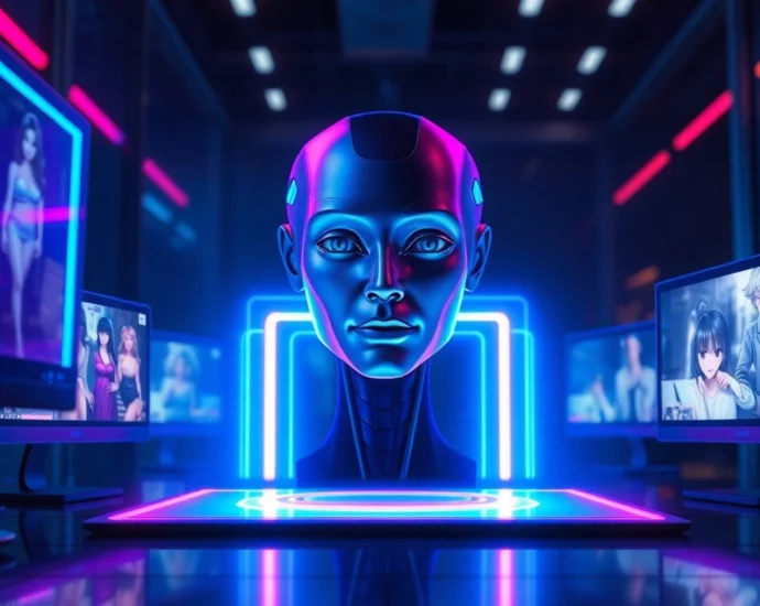 Futuristic AI interface displaying adult content creation tools with holographic screens and neon lighting.