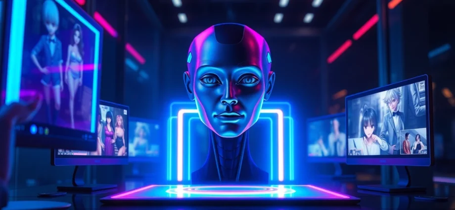 Futuristic AI interface displaying adult content creation tools with holographic screens and neon lighting.