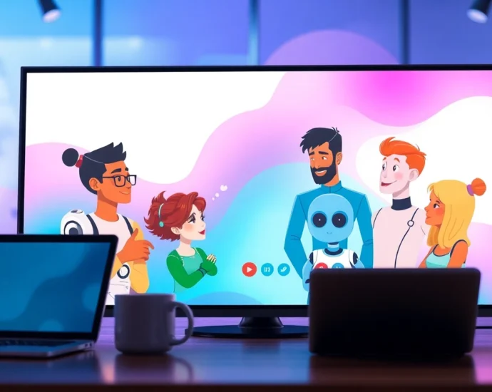 Futuristic digital chat interface with animated AI characters engaged in conversation on various devices.