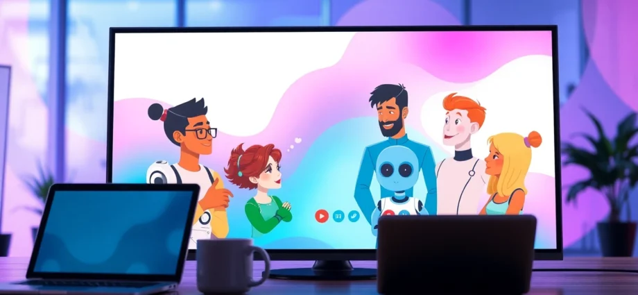 Futuristic digital chat interface with animated AI characters engaged in conversation on various devices.