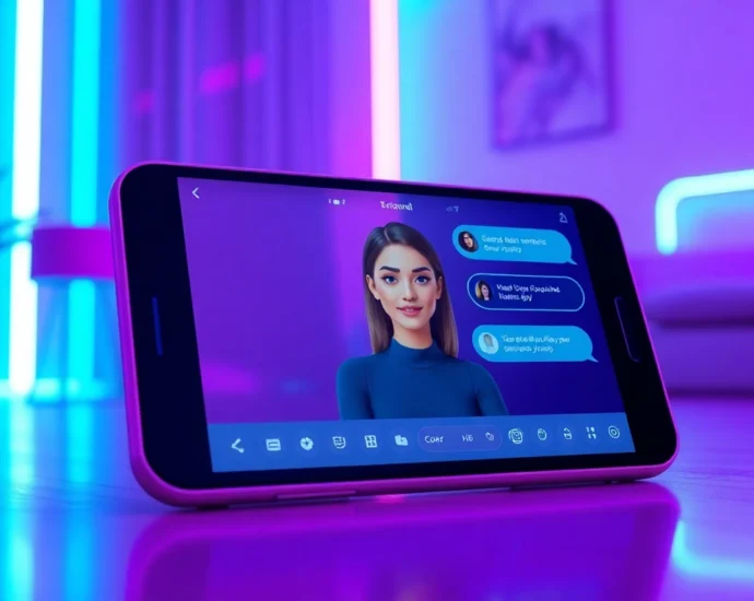 An AI chatbot interface on a sleek device with a virtual avatar in a neon-lit room, highlighting intimacy and modern technology.