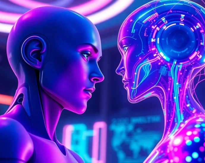 Futuristic AI characters in an intimate digital environment with holographic elements and neon lighting.