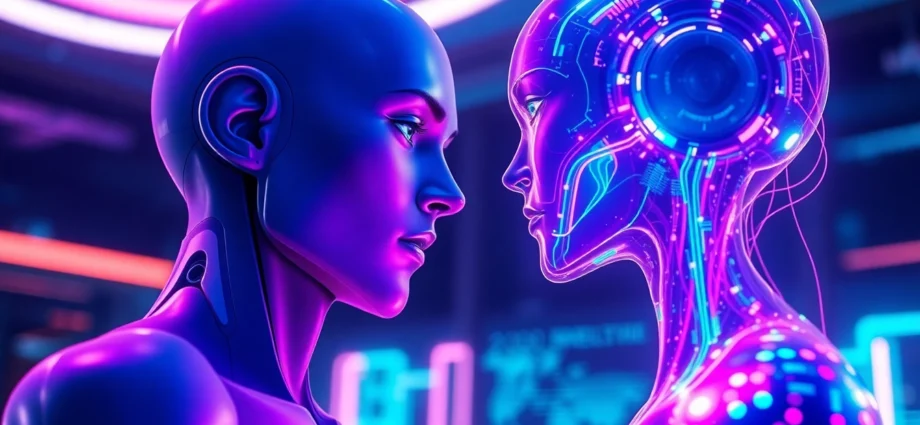Futuristic AI characters in an intimate digital environment with holographic elements and neon lighting.