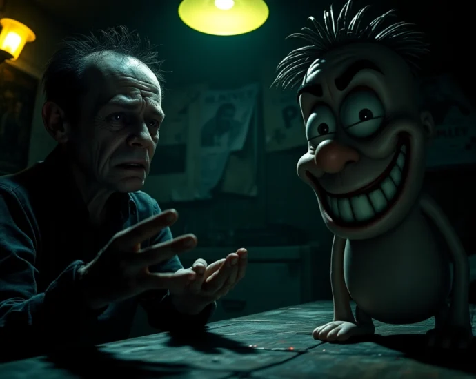 A disturbing scene of a distressed character with a cheerful but fearful Harvey in a dark, grimy room, highlighting moral tension.