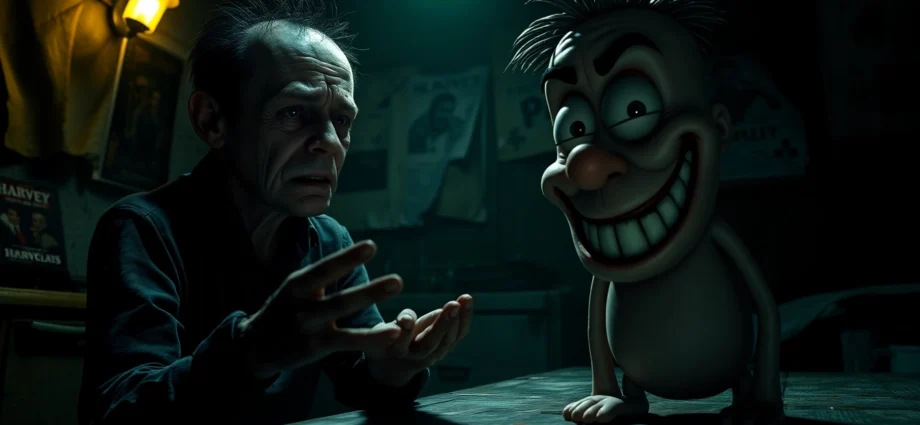 A disturbing scene of a distressed character with a cheerful but fearful Harvey in a dark, grimy room, highlighting moral tension.