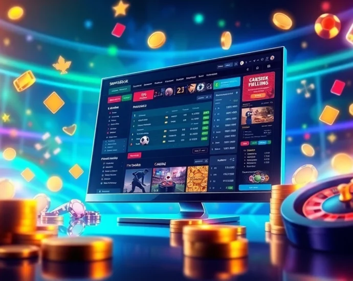 Digital illustration of an online sportsbook and casino platform interface with sports symbols and betting elements.