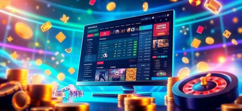 Digital illustration of an online sportsbook and casino platform interface with sports symbols and betting elements.