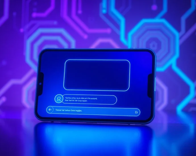 An illustration of a high-tech chatbot interface on a modern device with neon accents and abstract background patterns.