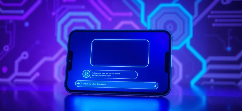 An illustration of a high-tech chatbot interface on a modern device with neon accents and abstract background patterns.