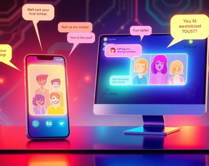 Illustration of chatbot screens with diverse characters and neon accents in a futuristic setting.