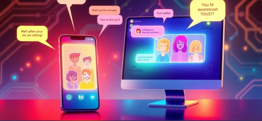 Illustration of chatbot screens with diverse characters and neon accents in a futuristic setting.