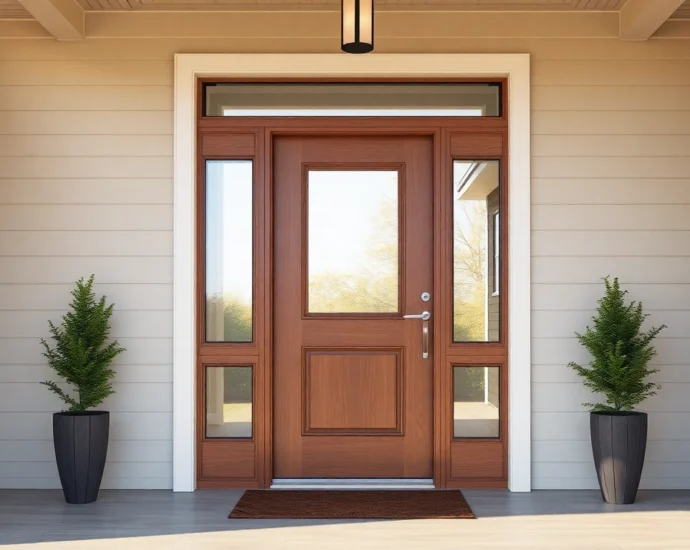 Front door replacement: Elegant, modern entry with upgraded hardware in daylight.