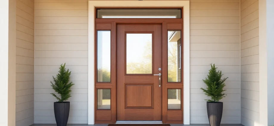 Front door replacement: Elegant, modern entry with upgraded hardware in daylight.