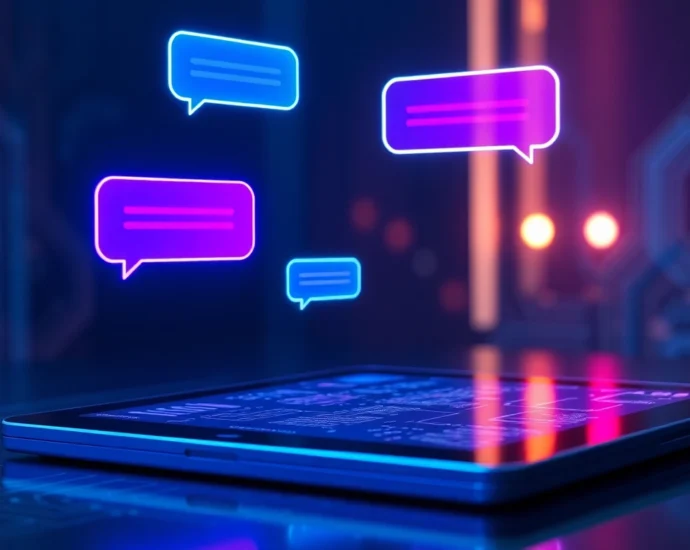 Futuristic digital chat interface with holographic text bubbles on a modern device