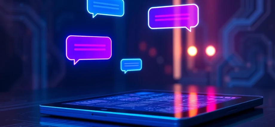 Futuristic digital chat interface with holographic text bubbles on a modern device