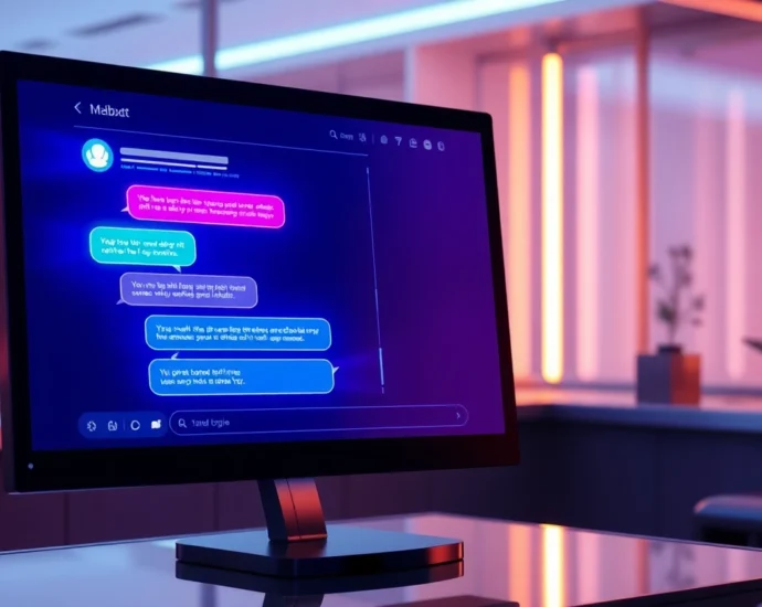 Futuristic AI chatbot interface on a sleek digital screen with glowing chat bubbles and neon accents.