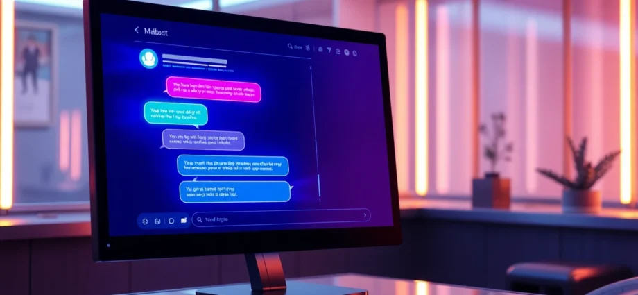 Futuristic AI chatbot interface on a sleek digital screen with glowing chat bubbles and neon accents.