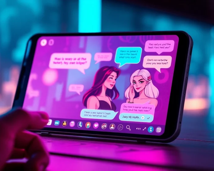 An illustration of a futuristic chat interface with colorful avatars and neon lighting, representing spicy AI conversations.