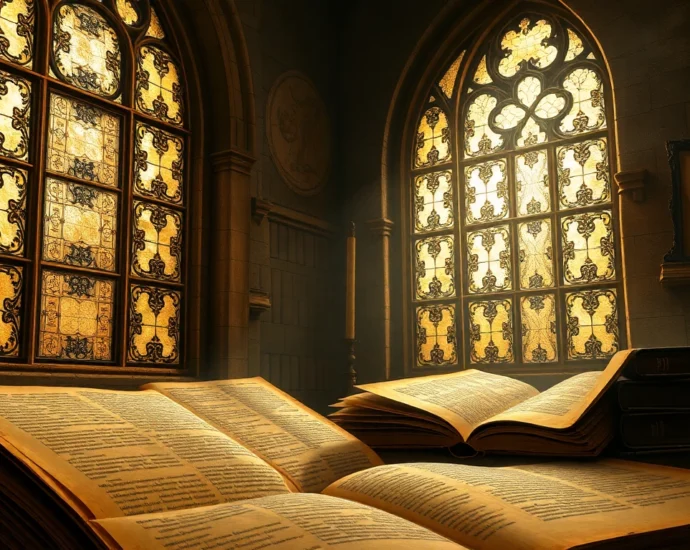 Vintage library scene with old books, stained glass windows, and a moody, historical atmosphere.