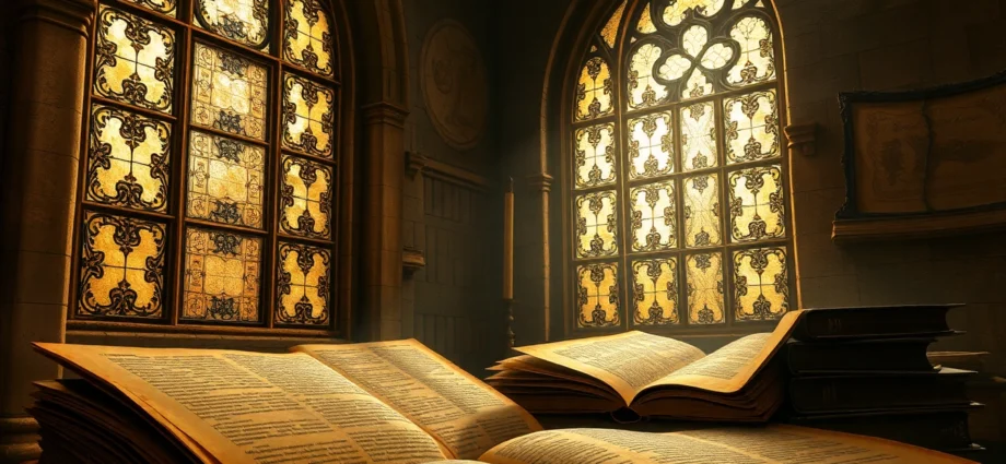 Vintage library scene with old books, stained glass windows, and a moody, historical atmosphere.