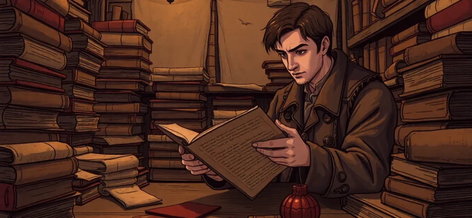 An antique study scene with a scholar surrounded by old books and parchment, evoking a historical atmosphere.