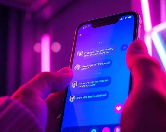 Close-up of a smartphone displaying a flirtatious AI chat conversation with neon lighting effects