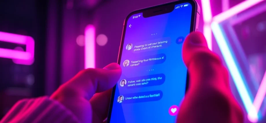 Close-up of a smartphone displaying a flirtatious AI chat conversation with neon lighting effects