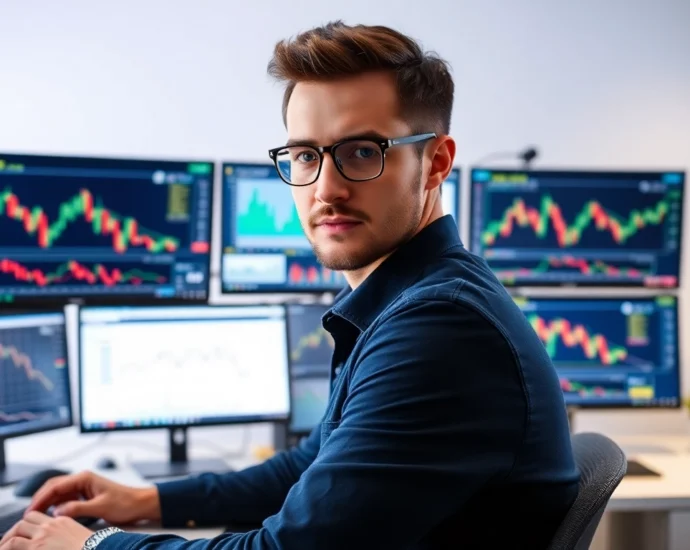 A focused trader using computers to learn online trading for beginners in a bright,