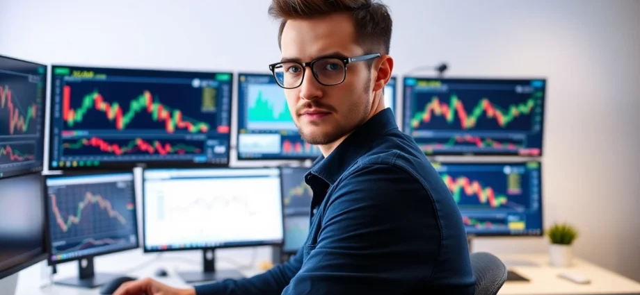 A focused trader using computers to learn online trading for beginners in a bright,