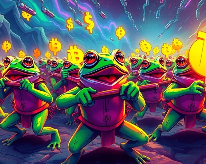 Angry Pepe Fork Army rallying with fierce Pepe characters and blockchain symbols in a dynamic,