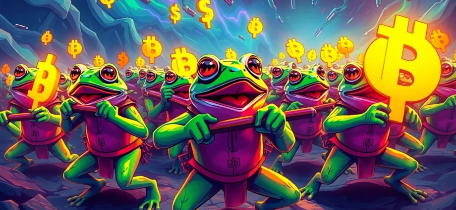 Angry Pepe Fork Army rallying with fierce Pepe characters and blockchain symbols in a dynamic,