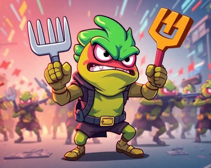 Angry Pepe Fork Army unites amidst a vibrant meme-inspired scene to showcase community power