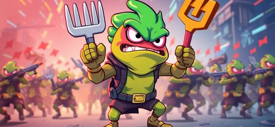 Angry Pepe Fork Army unites amidst a vibrant meme-inspired scene to showcase community power