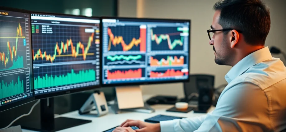 UK commodities investment news office scene with analyst reviewing gold, oil, and stock charts