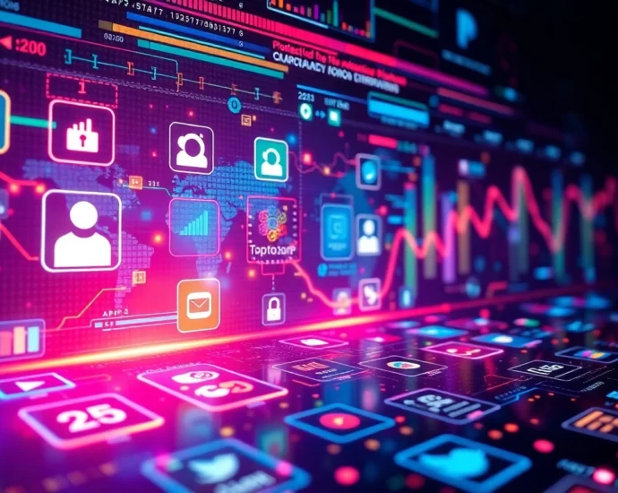 Visual representing App Industry Updates with modern app icons and data analytics for digital growth