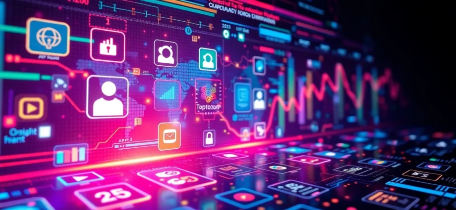 Visual representing App Industry Updates with modern app icons and data analytics for digital growth