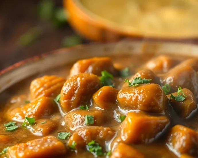 Freshly prepared Ready to Eat Brown Gravy Mix served in a bowl with herbs, highlighting its