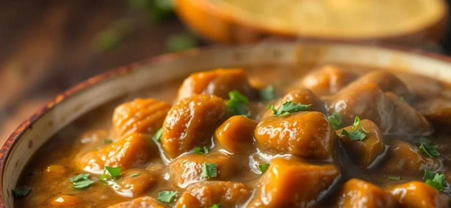 Freshly prepared Ready to Eat Brown Gravy Mix served in a bowl with herbs, highlighting its